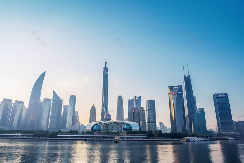 蓝天水面光影珠江新城全景现代建筑群摄影,高清,摄影图,摄影图片,图片大全,摄影图免费下载